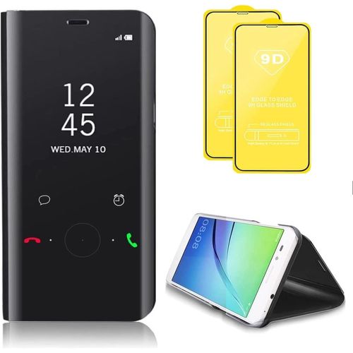 Compatible Avec Coque Samsung Galaxy M11 (Eur) Flip Clear View Translucide Miroir Cover Standing 360°Housse Étui Antichoc Smart Cover Bumper + Film Verre Trempé 2 Pièce-Noir