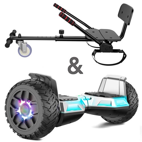 Hoverboard 8,5 Pouces + Hoverkart, Tout Terrain, Moteur Puissant, Bluetooth + Lumière Led, Idéal Pour Enfant Et Ados, Batterie 18v/5.2ah, Autonomie 8-15km, Argent Et Noir - Sisigad