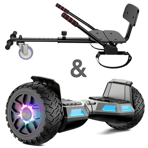 Hoverboard 8,5 Pouces + Hoverkart, Tout Terrain, Moteur Puissant, Bluetooth + Lumière Led, Idéal Pour Enfant Et Ados, Batterie 18v/5.2ah, Autonomie 8-15km, Noir - Sisigad