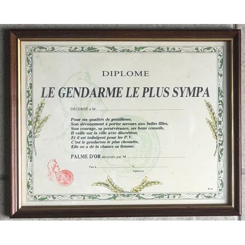 Diplôme Encadré Le Gendarme Le Plus Sympa, Gendarmerie, Humour, Militaria