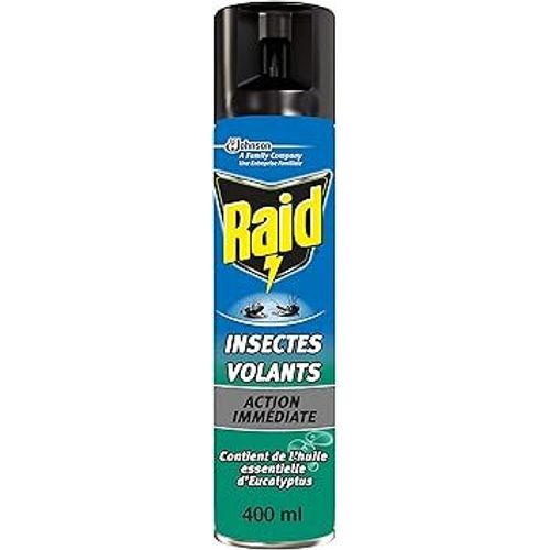 RAID AÉROSOL INSECTES VOLANTS EUCALYPTUS, 400 ML les mouches, moustiques tigres et autres insectes volants Atteint et élimine aussi les moustiques non visibles, Grace aux huiles essentielles
