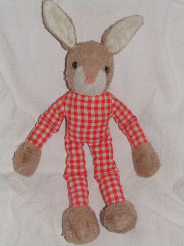 Lapin Doudou Ancien Vintage Marron Beige Vichy Rouge Peluche De 45 Cm + Oreilles 10 Cm