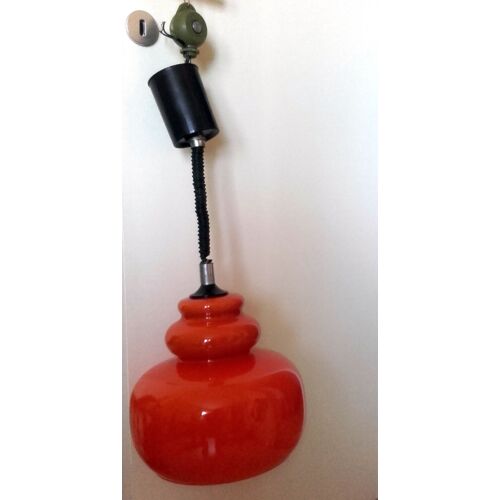 1970 Vintage Pop'art : Très Beau Luminaire Suspendu Orange Vif Seventies