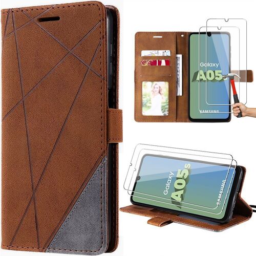 Coque Pour Samsung Galaxy A05s + 2 Verres Trempés, Antichoc En Cuir Pu Rétro Marron (Pas Pour A05) - Booling