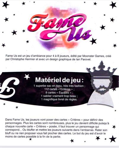 Jeu Complet « Fame Us » De Monstergames Dans Sa Superbe Pochette Pour 4 À 8 Joueurs.