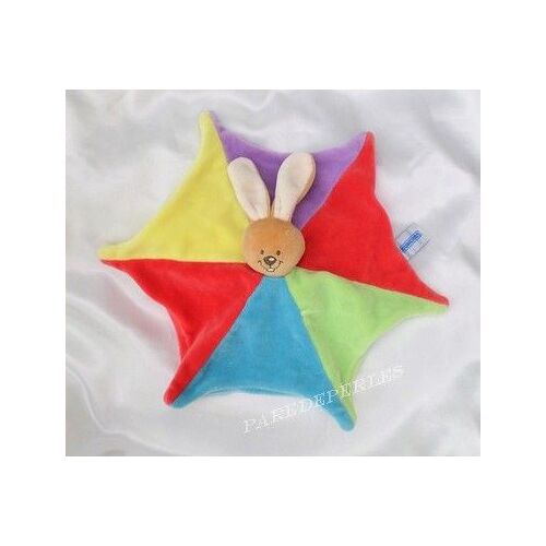 Doudou Peluche Plat Lapin Jaune Rouge Bleu Vert Violet Hochet Nounours
