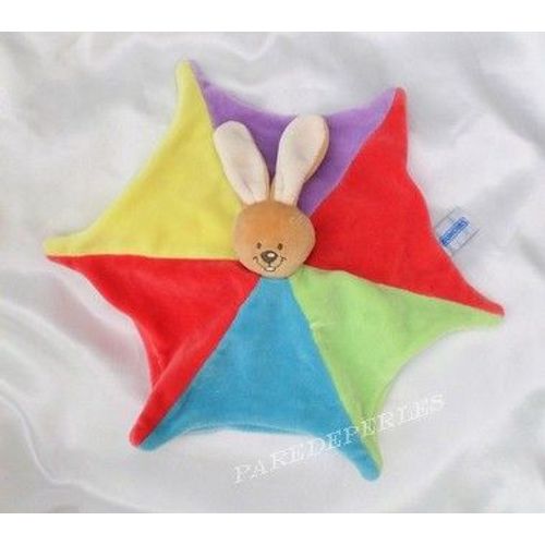 Doudou Peluche Plat Lapin Jaune Rouge Bleu Vert Violet Hochet Nounours