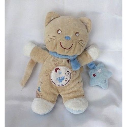 Doudou Peluche Chat Beige Oiseau Eveil Etoile Echarpe Bleu Grelot Pommette