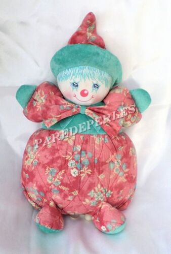 Peluche Poupée Clown Doudou Christine Et Cécile Rouge Et Vert Fleurs Musical Vintage Mundia