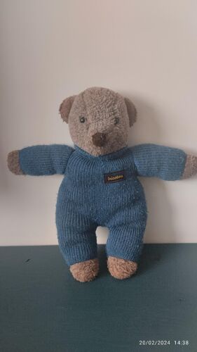 Vintage Peluche Doudou Ours Marron-Bleu Tricotou Jémini