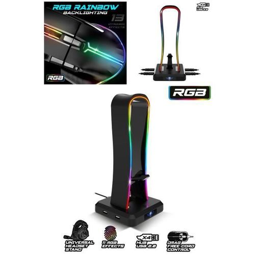 Support Casque 4 Ports USB RGB Porte Casque Gamer + Souris PRO-M5 RGB 12800 DPI