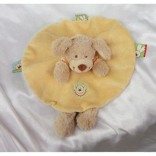 Doudou Plat Chien Beige Rond Jaune Capuche Etiquettes Jaune Verso Vert Nicotoy