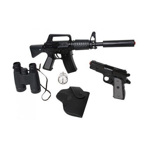 Set Police Forces Speciales Swat Metal Noir 8 Coups : Fusil Mitraillette + Pistolet + Accessoires (Jumelles, Insigne, Etui) - Jeu Imitation Enfant
