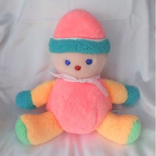 Doudou Peluche Lutin Garçon Clown Rose Orange Bleu Vert Yeux Bleus Nez Rouge Chapeau Ruban Blanc Vintage Nounours