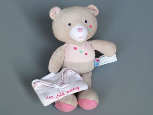 Doudou Ours Gris Rose Mouchoir Blanc Enveloppe Message Sucre D'orge