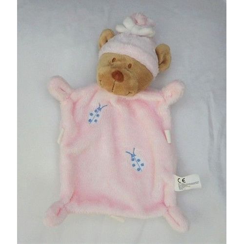 Doudou Plat Rectangle Ours Beige Rose Broderie Coccinelle Etiquettes Nicotoy