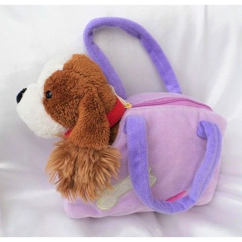 Doudou Peluche Chien Marron Blanc Collier Rouge Avec Sac Violet Nicotoy
