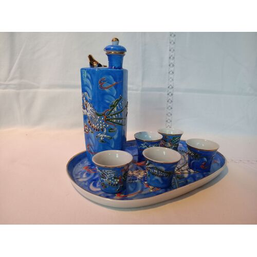 Service à Saké Japonais En Céramique 3 Pièces - Pichet Bleu Étoilé Avec 2 Tasses - Style Traditionnel Authentique