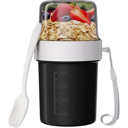 Lunch Pot Ellipse, Boite Repas Bol Muesli A Emporter Tasse De Céréales Pot Yaourt Boite A Lunch Avec Une Cuillère Convient Au Congélateur, Au Micro-Ondes Et Au Lave-Vaisselle,560ml+310ml (Noir)