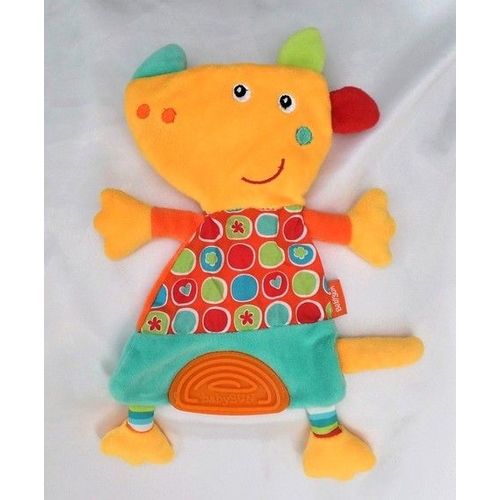 Doudou Plat Chien Orange Bleu Jaune Tissu Coton Ronds Fleurs Plaque De Dentition Babysun