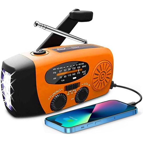 Radio Solaire, Radio portative manivelle, Radio génératrice avec AM/FM, Radio d'urgence avec manivelle, Bloc d'alimentation de Charge de 2000 mAh, Chargeur de téléphone Mobile USB, Alarme SOS (orange)