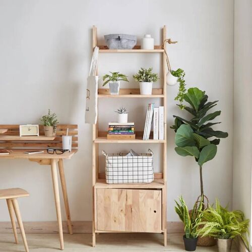Bibliothèque en bois d'hévéa massif avec armoire de rangement Étagère en bois naturel pour le salon, le bureau et la chambre Design minimaliste et rustique