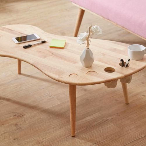 Table Basse En Hévéa Massif - Table Moderne En Bois De Forme Libre Avec Trous De Rangement Intégrés - Décoration De Salon Minimaliste Et Scandinave