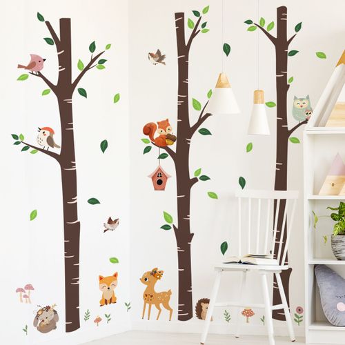 Stickers Muraux Grand Arbre Animaux Forêt Arbre Autocollant Mural Hibou Renard Cerf Décoration Murale Chambre Bébé Pépinière Enfant