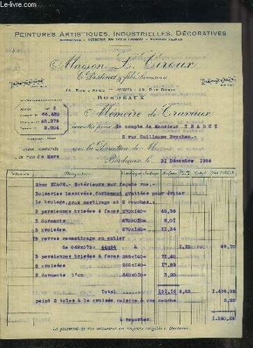 Une Facture De La Maison L.Ciroux Peintures Artistiques Industrielles Decoratives Bordeaux - Datant De 1936 - Destinee A Monsieur Trabut.