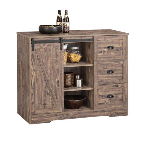 Sobuy Ilot Central Mange-Debout Placard De Cuisine Buffet De Rangement Multi-Rangements Avec 1 Porte De Grange, Porte-Bouteilles, 3 Tiroirs, 110x50x90 Cm, Design Industriel Vintage Marron, Knl08-N