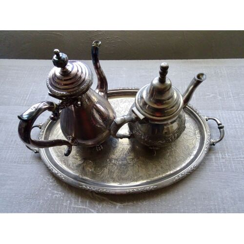 Ensemble Cafetière Et Théière, Avec Leur Plateau, En Métal Argenté
