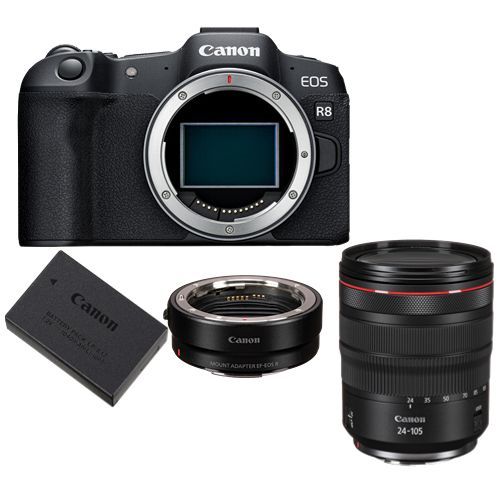 Appareil photo Canon EOS R8 + adaptateur de montage EF-EOS R + batterie canon LP-E17 + RF 24-105mm f4L IS USM