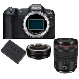 Appareil photo Canon EOS R8 + adaptateur de montage EF-EOS R + batterie canon LP-E17 + RF 24-105mm f4L IS USM