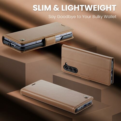 Coque Pour Samsung Z Fold5,Étui Housse Samsung Z Fold5 AntichocSupport Pliable,Clamshell,RFID Blocking Material Brosse Anti-Vol,Étui De Téléphone À Cassette - Brun