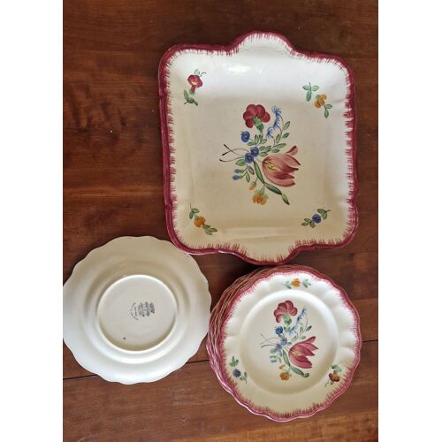 Assiettes Et Plateau 30x35 Anciens - Faience Longchamp Modèle Trianon Tout Fait Main