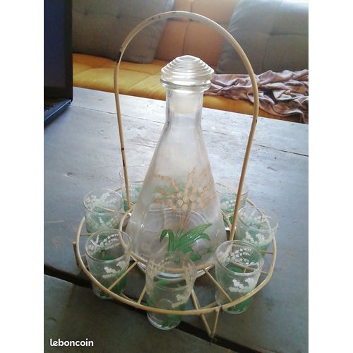 Service À Digestif Années 50 60 N. 2 Très Bel État Complet 8 Verres Et Carafe Et Son Support En Métal 22 Cm De Haut Et 18.5 Cm De Diamètre