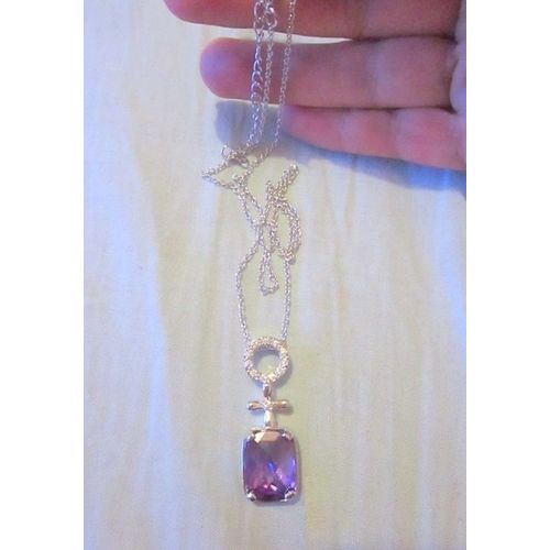 Collier Argent Avec Poinçon, Chaîne Fine, Pendentif Rond À Strass Et Pierre Violette En Cristal