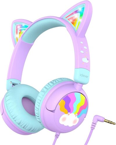 Children's Audio Headphones, Cat Ears with LED Lighting, Limited Volume 85dba, Stereo Sound, Foldable Children's Headphones with 3.5 mm Wire, for iPad, Tablets, Travel, School
