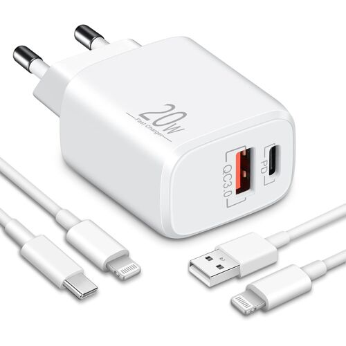 2-Port Rapide Chargeur Pour Iphone 14/13/12/11/Pro/Max/Plus/Mini, Se/Xr/Xs/X/8/7/6, 20W Pd/Qc Prise Secteur Alimentation Usb A Et Usb C Rapido Chargeur Mural Adaptateur Et 2Pack 2M Câble