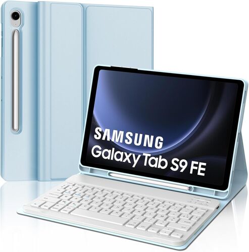 Coque Clavier pour Samsung Galaxy Tab S10 FE 10.9"" 2025/S9 FE 10.9"" 2023, AZERTY Français Clavier Magnétique Détachable Bluetooth pour Tablette Samsung S9 FE/S10 FE 10.9"", Bleu Ciel