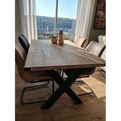 Table A Manger En Chêne Massif Blanchi Pieds En Acier Noir Très Contemporaine État Neuf Extensible 160 A210 6 A 10 Personnes Valeur A L'achat 2500€