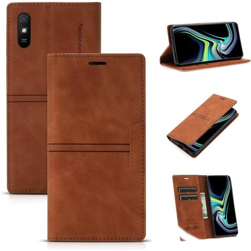 Compatible Avec Coque Samsung Galaxy S24, Pu Cuir Flip Folio Portefeuille Avec Emplacement Carte, Magnétique Antichoc Support Etui Housse+2x Verre Trempé-Brun