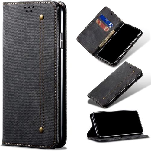 Compatible Avec Etui Huawei P40 Lite 4g (Eur), Flip Jeans Portefeuille Housse Avec Fente Carte, Magnétique Stand+Protecteur D'écran En Verre Trempé*2-Noir