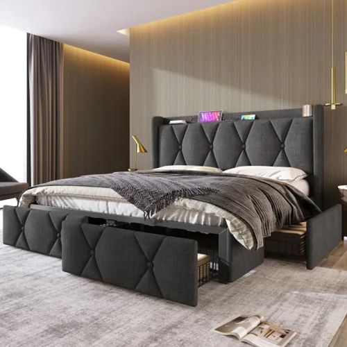 Lit Rembourré Avec Tête De Lit Rechargeable Par Usb Et 4 Tiroirs, Double, 160x200 Cm (Sans Matelas)