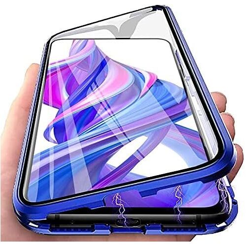 KALANKA-Coque pour Huawei P30 Lite Magnétique Adsorption et Métal Bumper Etui Antichoc avec Transparente Arrière et Devant Verre Trempé 360 Degrés Case-Bleu