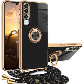 Coque Huawei P30 Fine Et Légère En Tpu Silicone Antichoc Avec Cordon Tour De Cou Réglable 1,5 M Et Anneau Rotatif 360° Support - Noir