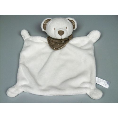 Doudou Ours Plat Blanc Bandana Foulard Marron Nicotoy