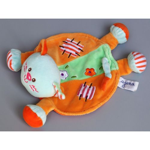 Doudou Chat Plat Bleu Vert Orange Fleurs Ajena