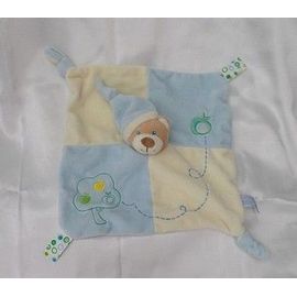 Doudou Plat Carré Ours Beige Bleu Et Ecru Pommier Gipsy