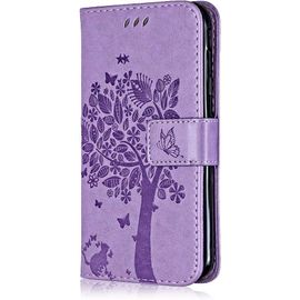 Coque Pour Samsung Galaxy Core Prime, Etui En Cuir Pu Portefeuille, Antichoc Flip Case Housse Rétro Emboss Série De Chat Et D'arbre Pour Samsung Galaxy Core Prime - Lavande